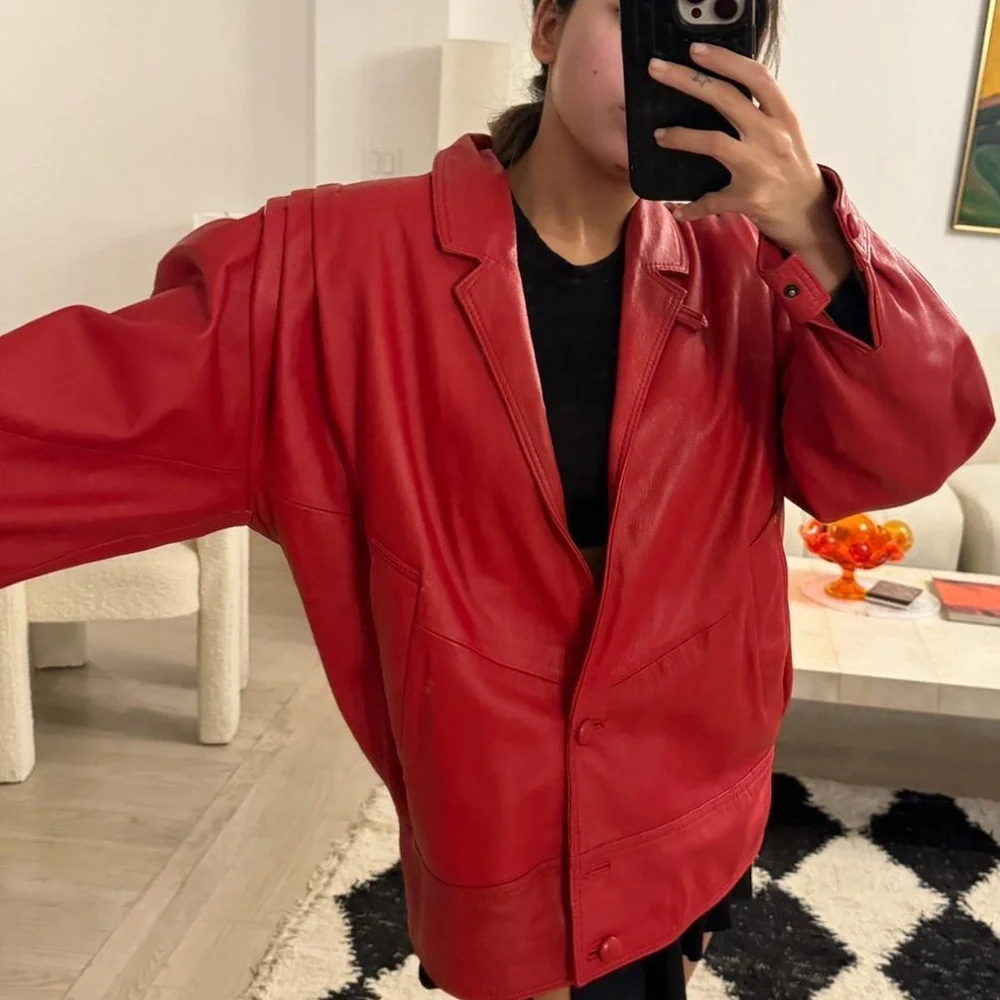 vintage red leather european moto oversized jacket